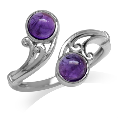 Cabochon Amethyst White Gold Plated 925 Sterling Silver Victorian Swirl Bypass Ring