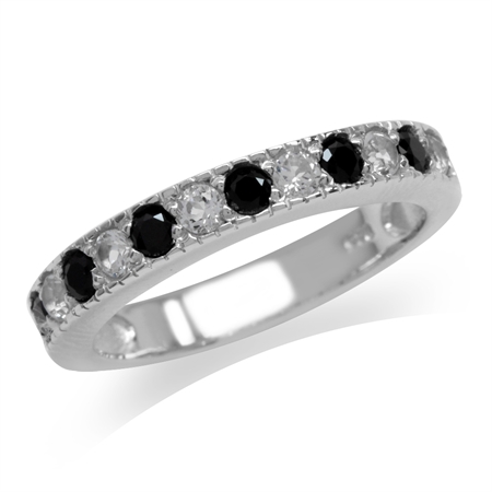 Natural Black Spinel & White Topaz Gold Plated 925 Sterling Silver Journey Ring