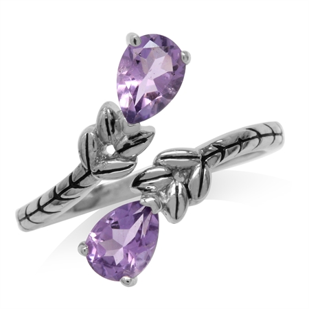 1.34ct. Natural Amethyst 925 Sterling Silver Bypass Leaf Adjustable Ring