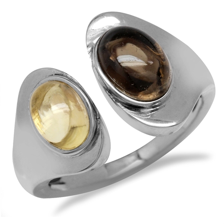 Smoky Quartz & Citrine White Gold Plated 925 Sterling Silver Open Front Ring