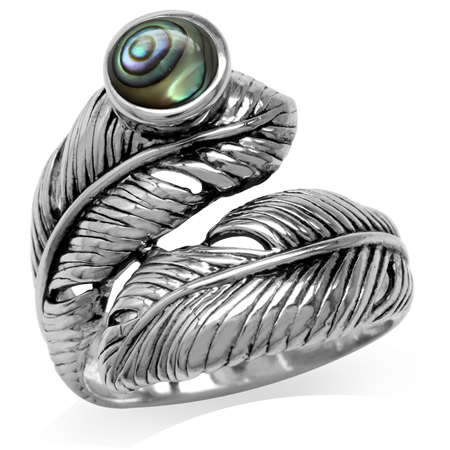 Abalone/Paua Shell 925 Sterling Silver Bypass Feather Ring