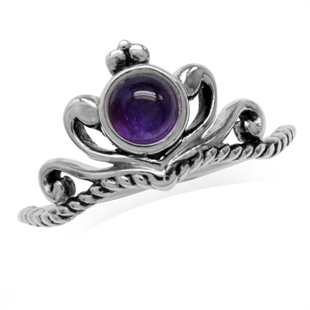 Cabochon Amethyst White Gold Plated 925 Sterling Silver Victorian Style Crown Rope Ring