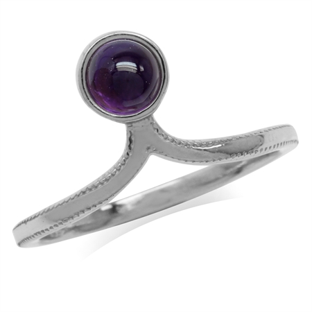 5MM Round Shape Cabochon Amethyst White Gold Plated 925 Sterling Silver Solitaire Casual Ring