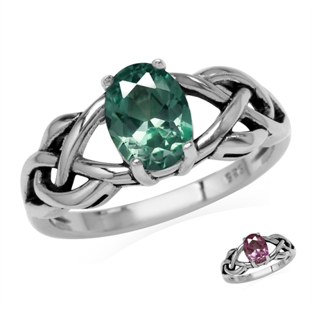 8x6MM Oval Shape Simulated Color Change Alexandrite 925 Sterling Silver Celtic Knot Solitaire Ring