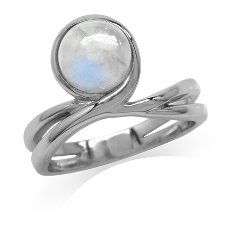 Natural Moonstone White Gold Plated 925 Sterling Silver Ribbon Ring