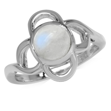 7MM Natural Moonstone White Gold Plated 925 Sterling Silver Flower Ring
