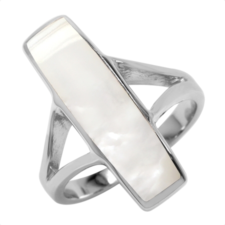 Long Mother of Pearl Inlay White Gold Plated 925 Sterling Silver Ring