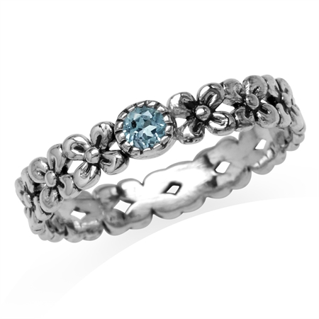 Petite Genuine Swiss Blue Topaz 925 Sterling Silver Flower Stack/Stackable Eternity Ring
