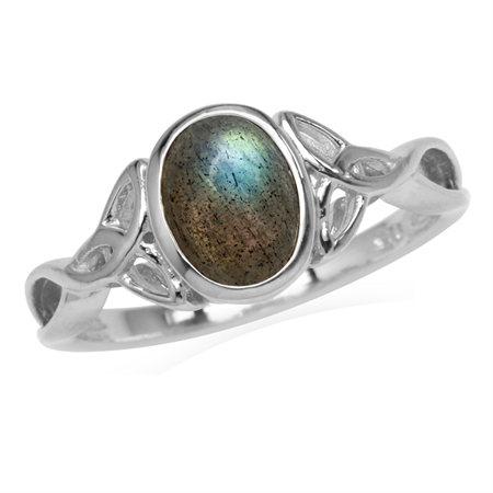 8x6MM Oval Shape Labradorite White Gold Plated 925 Sterling Silver Triquetra Celtic Knot Ring