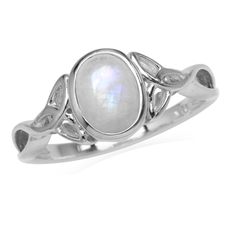 8x6MM Natural Oval Shape Moonstone White Gold Plated 925 Sterling Silver Triquetra Celtic Knot Ring