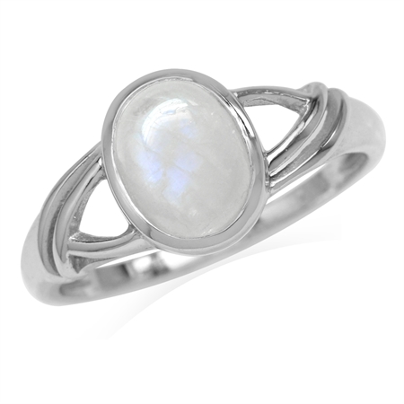9x7MM Natural Oval Shape Moonstone White Gold Plated 925 Sterling Silver Solitaire Casual Ring