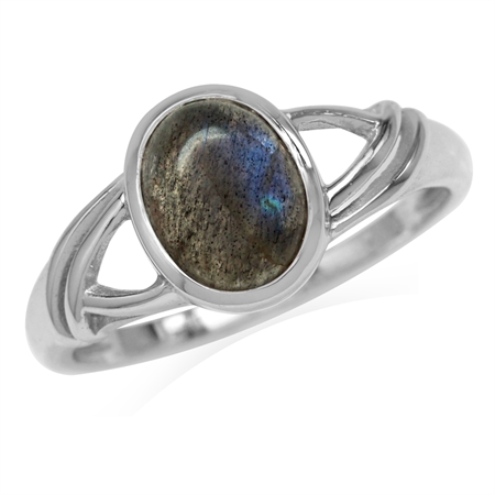 9x7MM Oval Shape Labradorite White Gold Plated 925 Sterling Silver Solitaire Casual Ring