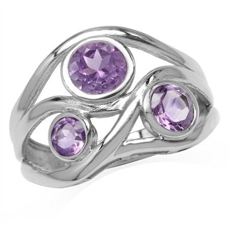 1.51ct. 3-Stone Natural Amethyst White Gold Plated 925 Sterling Silver Ribbon Weave Ring