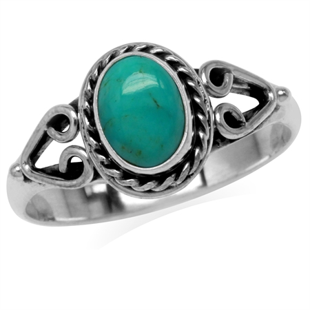 Created Oval Shape Green Turquoise 925 Sterling Silver Rope & Heart Victorian Style Solitaire Ring