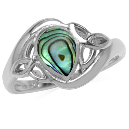 Pear Shape Abalone/Paua Shell Inlay White Gold Plated 925 Sterling Silver Triquetra Celtic Knot Ring