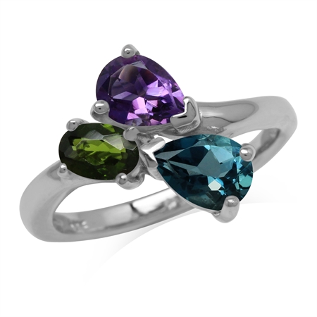 London Blue Topaz Amethyst and Chrome Diopside 925 Sterling Silver Birthstone Ring