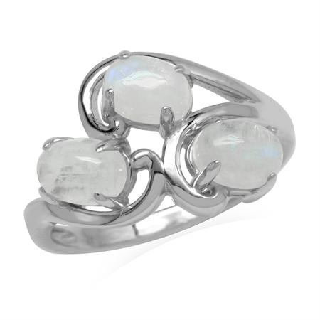 Natural Rainbow Moonstone 925 Sterling Silver 3-Stone Cluster Ring