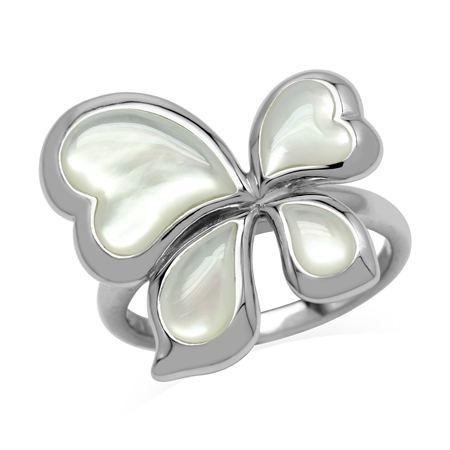 White Mother Of Pearl 925 Sterling Silver Asymmetrical Butterfly Ring
