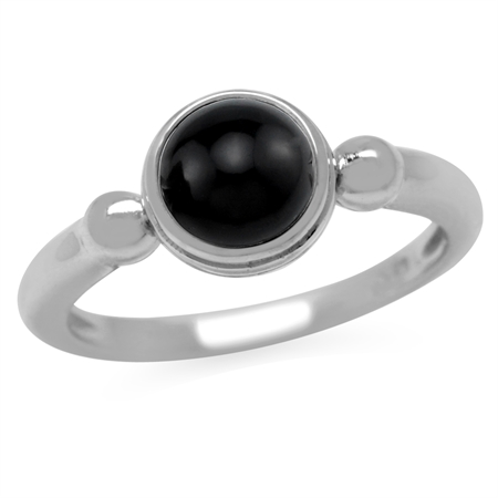 6MM Natural Black Onyx White Gold Plated 925 Sterling Silver Solitaire Casual Ring
