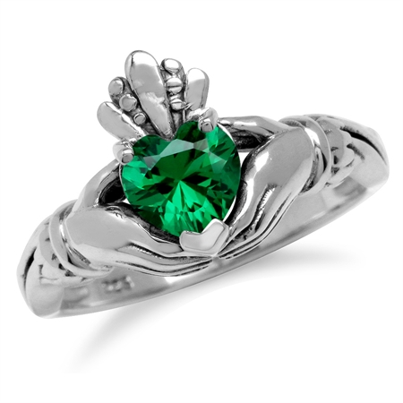 6MM Heart Shape Created Nano Green Emerald Irish Celtic Claddagh 925 Sterling Silver Friendship Ring