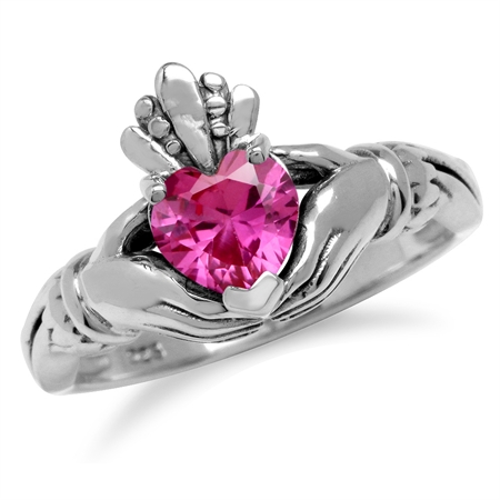 6MM Heart Shape Created Pink Tourmaline Irish Celtic Claddagh 925 Sterling Silver Friendship Ring