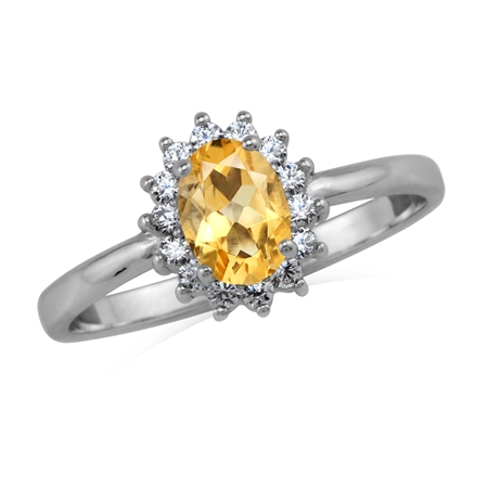 7X5mm Genuine Oval Shape Yellow Citrine White Gold Plated 925 Sterling Silver Flower Cluster Ring