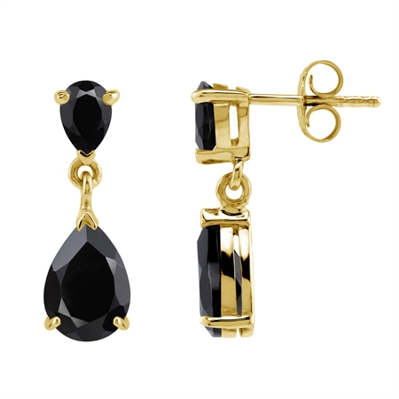 10X7mm Pear Natural Black Onyx 18K Gold Plated 925 Sterling Silver Drop Dangle Stud Post Earrings