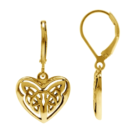 18K Gold Plated 925 Sterling Silver Scroll / Filigree Celtic Knot in Heart Leverback Dangle Earrings
