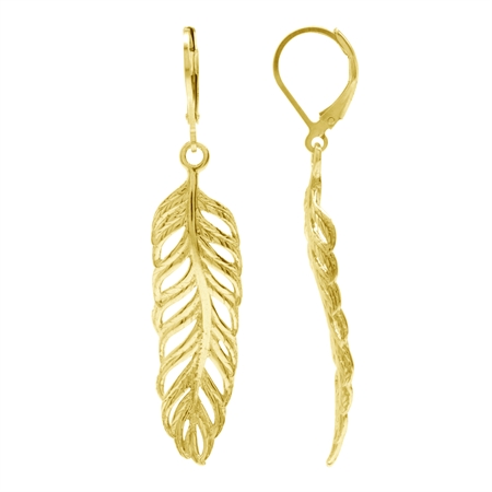 18K Yellow Gold Plated 925 Sterling Silver Scroll / Filigree Long Feather Leverback Dangle Earrings