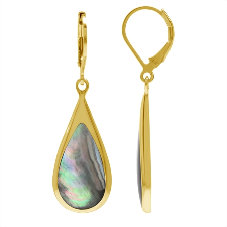 Black Mother Of Pearl Shell Inlay 14K Gold Plated 925 Sterling Silver Drop Dangle Leverback Earrings