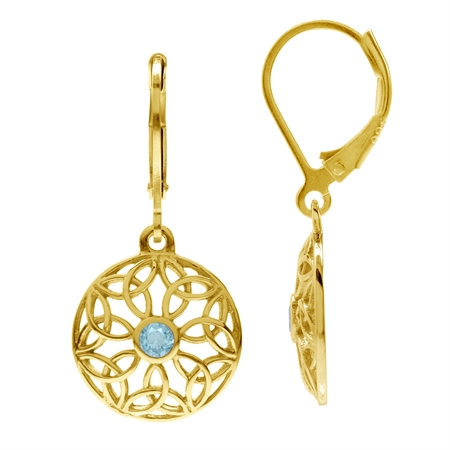 Genuine Blue Topaz Yellow Gold Plated 925 Sterling Silver Triquetra Celtic Knot Leverback Earrings