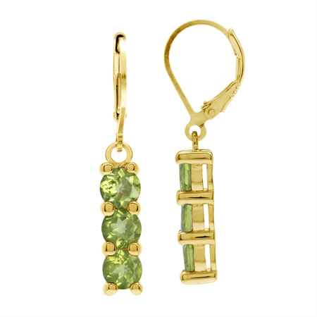 5MM 3-Stone Natural Round Shape Green Peridot 18K Gold Plated 925 Sterling Silver Leverback Earrings