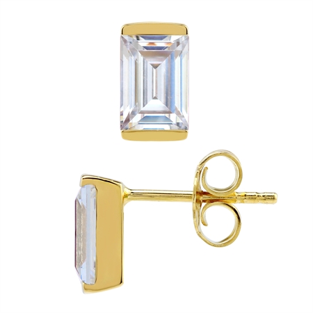 Baguette White Cubic Zirconia 14K Gold Plated 925 Sterling Silver Business Attire Stud Post Earrings