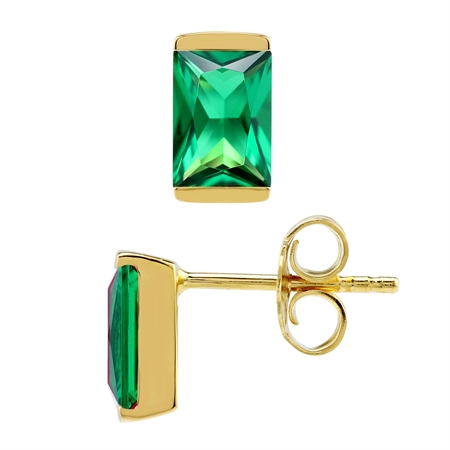 Created Nano Green Emerald 14K Gold Plated 925 Sterling Silver Business Attire Stud Post Earrings