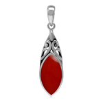 14x7MM Created Marquise Shape Red Coral 925 Sterling Silver Filigree Solitaire Pendant