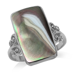 Silvershake Black Mother of Pearl Inlay White Gold Plated 925 Sterling Silver Swirl and Spiral Ring