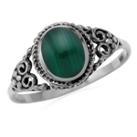 8X6mm Created Oval Shape Green Malachite Inlay 925 Sterling Silver Filigree Victorian Style Ring